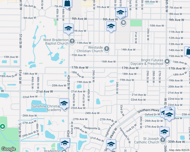 map of restaurants, bars, coffee shops, grocery stores, and more near 3801 18th Avenue West in Bradenton