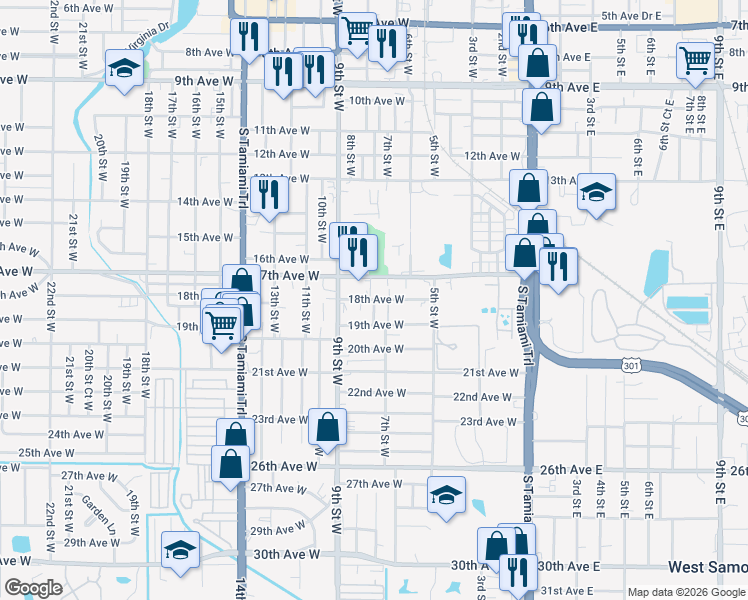 map of restaurants, bars, coffee shops, grocery stores, and more near 707 18th Avenue West in Bradenton