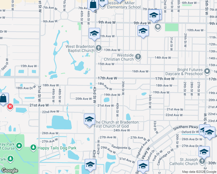 map of restaurants, bars, coffee shops, grocery stores, and more near 4105 18th Avenue West in Bradenton