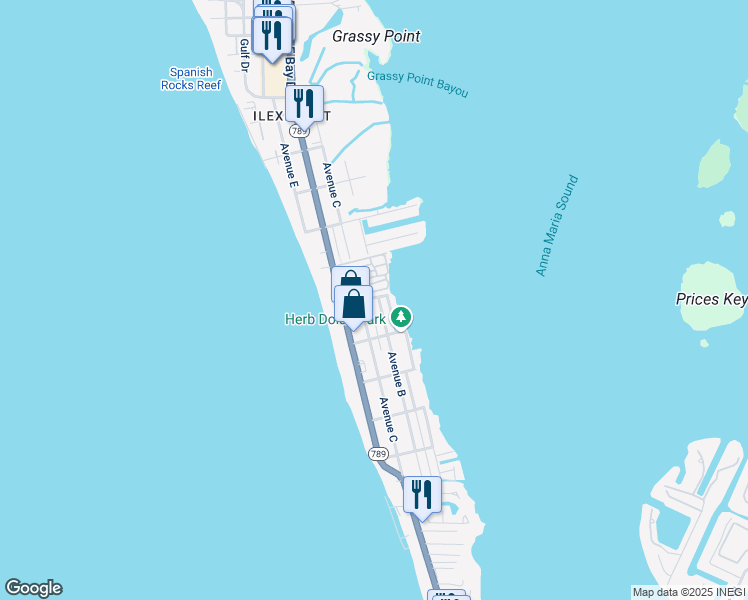 map of restaurants, bars, coffee shops, grocery stores, and more near 2511 Avenue C in Bradenton Beach