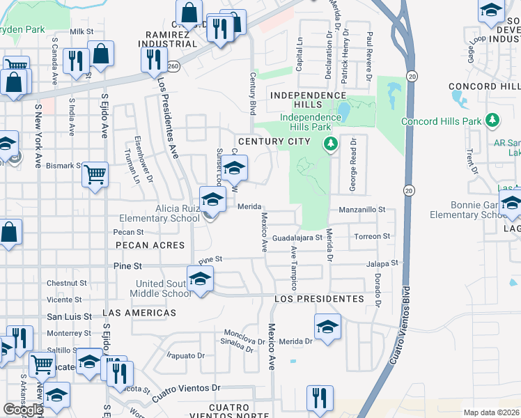 map of restaurants, bars, coffee shops, grocery stores, and more near 1610 Mexico Avenue in Laredo