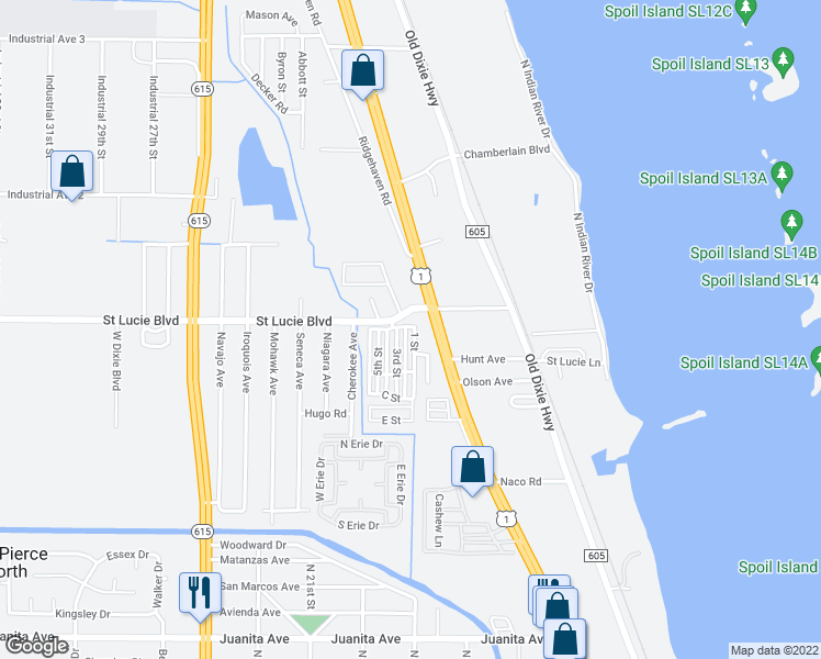 map of restaurants, bars, coffee shops, grocery stores, and more near 2023 Saint Lucie Boulevard in Fort Pierce