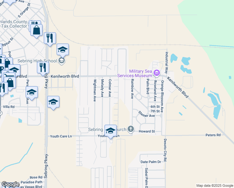 map of restaurants, bars, coffee shops, grocery stores, and more near 1700 Colmar Avenue in Sebring