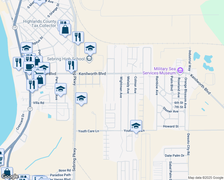 map of restaurants, bars, coffee shops, grocery stores, and more near 1546 Queen Palm Avenue in Sebring