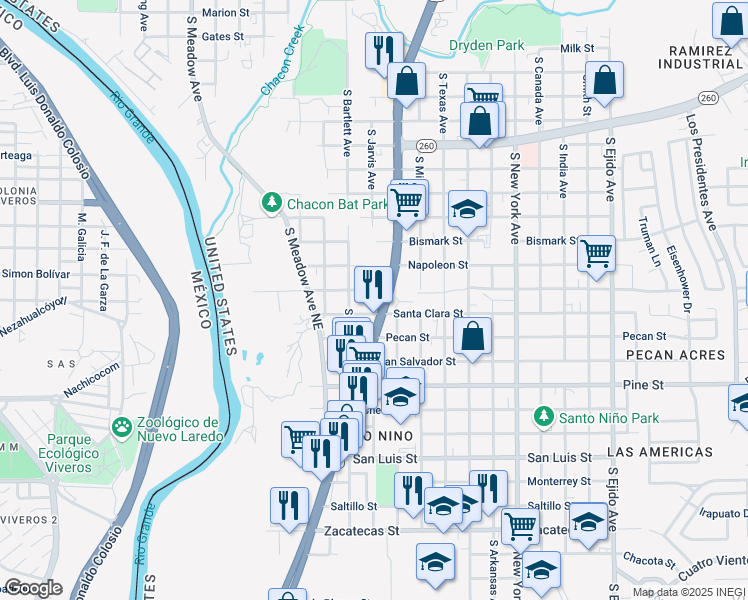 map of restaurants, bars, coffee shops, grocery stores, and more near 1600 Zapata Highway in Laredo