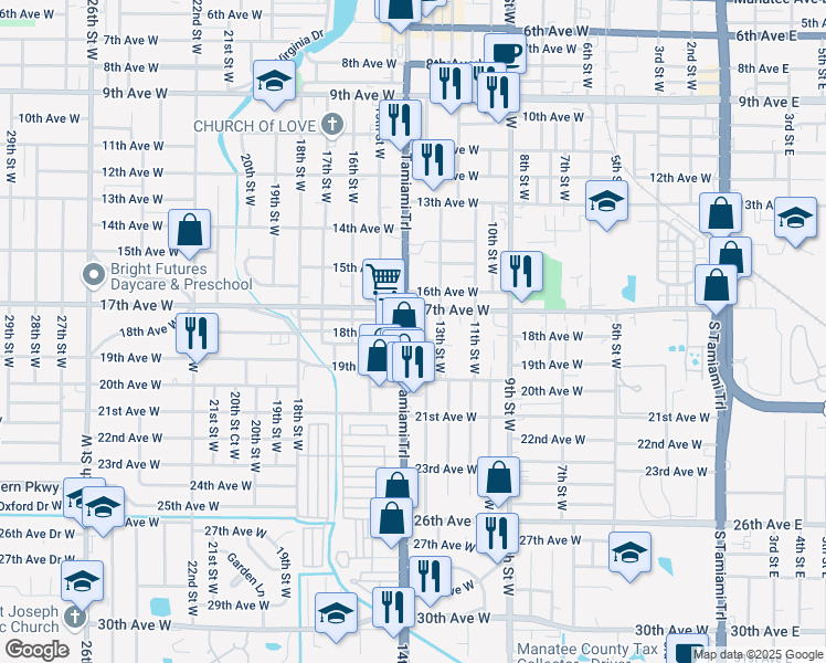 map of restaurants, bars, coffee shops, grocery stores, and more near 1715 14th Street West in Bradenton