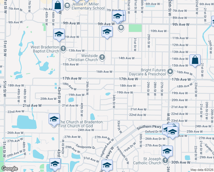 map of restaurants, bars, coffee shops, grocery stores, and more near 3509 17th Avenue West in Bradenton