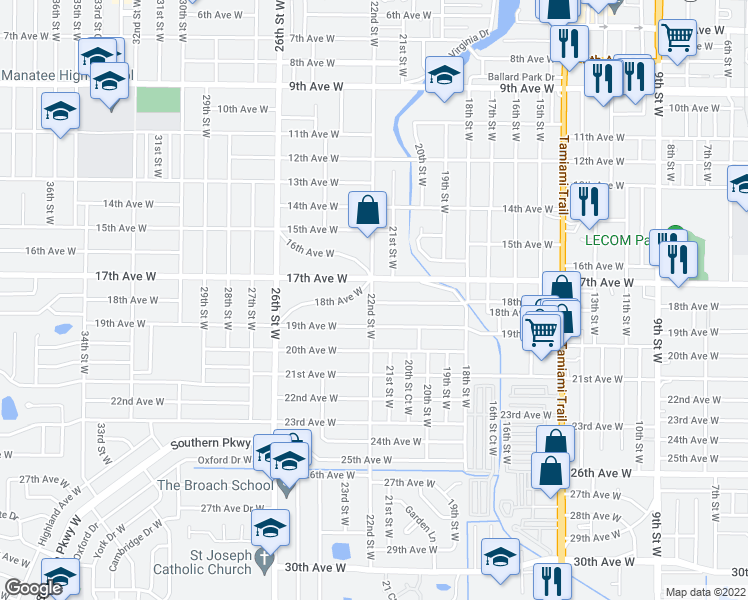 map of restaurants, bars, coffee shops, grocery stores, and more near 2203 17th Avenue West in Bradenton