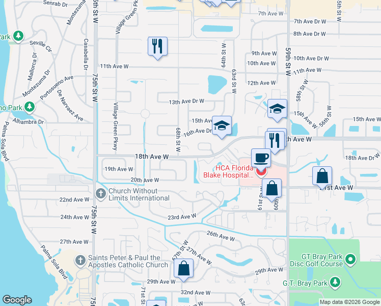 map of restaurants, bars, coffee shops, grocery stores, and more near 6710 17th Avenue West in Bradenton