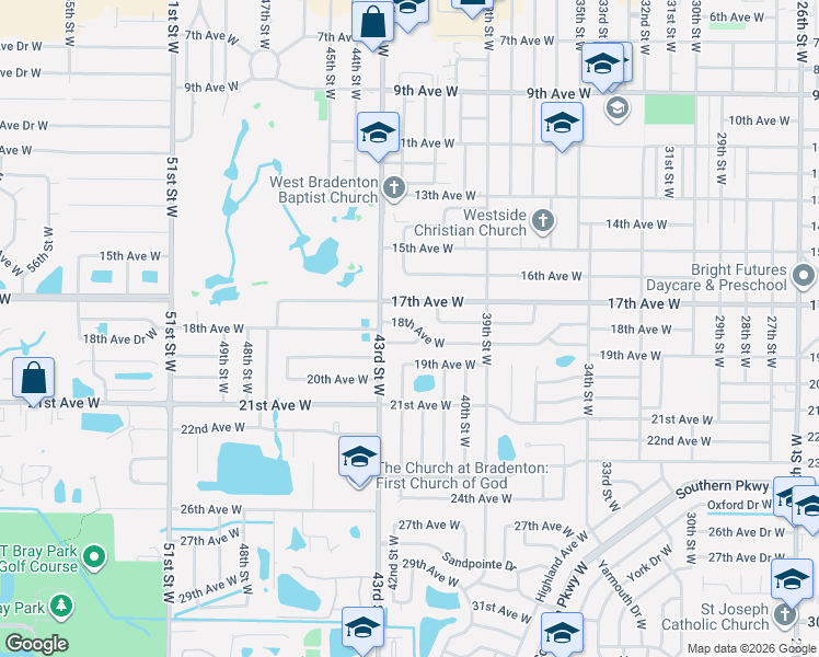 map of restaurants, bars, coffee shops, grocery stores, and more near 4209 17th Avenue West in Bradenton