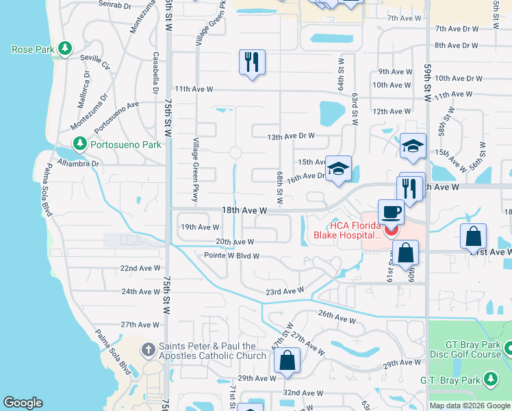 map of restaurants, bars, coffee shops, grocery stores, and more near 6902 18th Avenue West in Bradenton