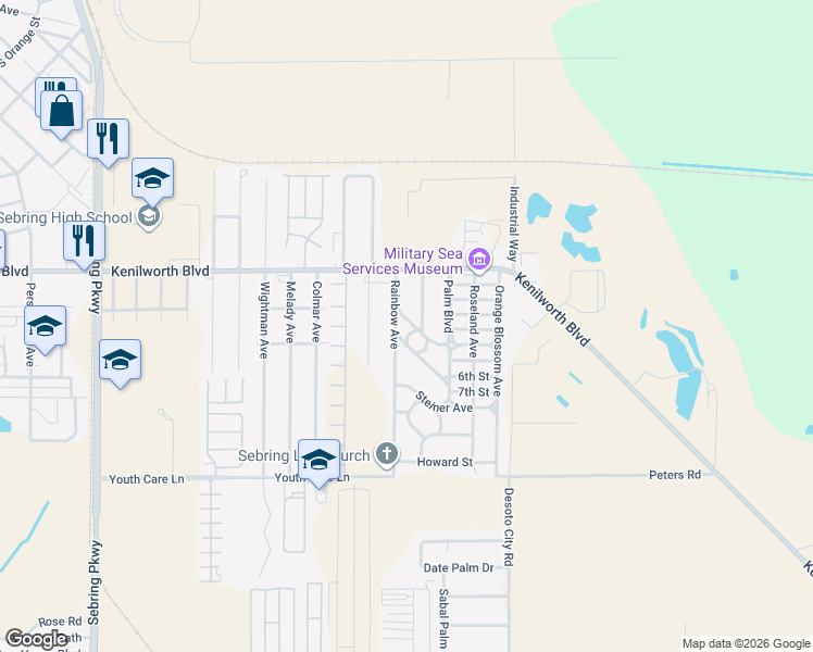 map of restaurants, bars, coffee shops, grocery stores, and more near 1523 Wolfe Drive in Sebring