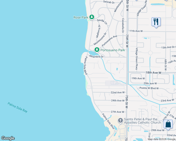 map of restaurants, bars, coffee shops, grocery stores, and more near 1711 Palma Sola Boulevard in Bradenton