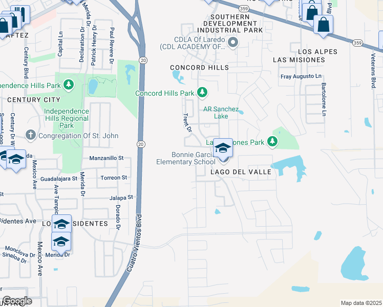 map of restaurants, bars, coffee shops, grocery stores, and more near 5318 Hermosillo Street in Laredo