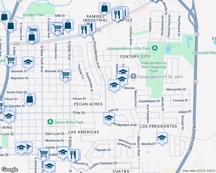 map of restaurants, bars, coffee shops, grocery stores, and more near 154 Kennedy Loop in Laredo