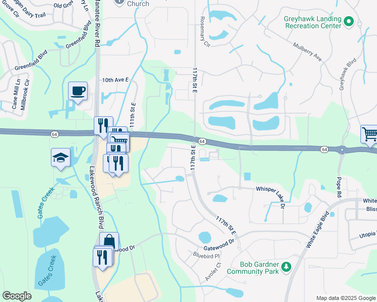 map of restaurants, bars, coffee shops, grocery stores, and more near 695 Florida 64 in Bradenton
