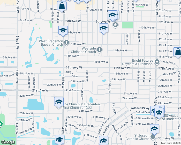 map of restaurants, bars, coffee shops, grocery stores, and more near 3801 17th Avenue West in Bradenton