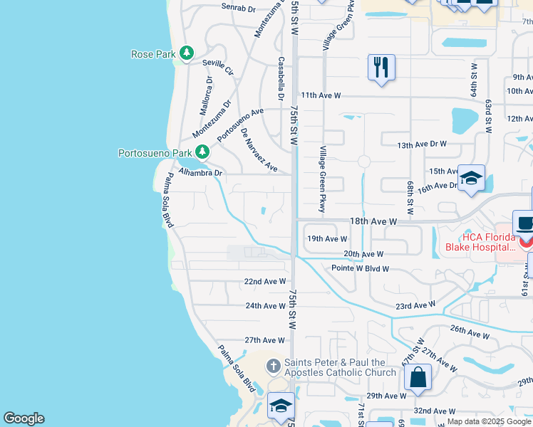 map of restaurants, bars, coffee shops, grocery stores, and more near 7611 17th Avenue West in Bradenton