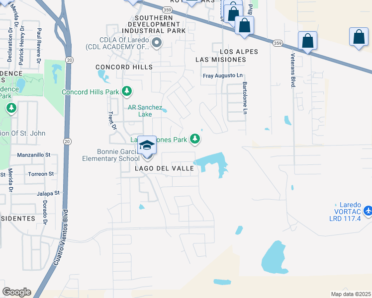 map of restaurants, bars, coffee shops, grocery stores, and more near 5528 Marble Falls Street in Laredo