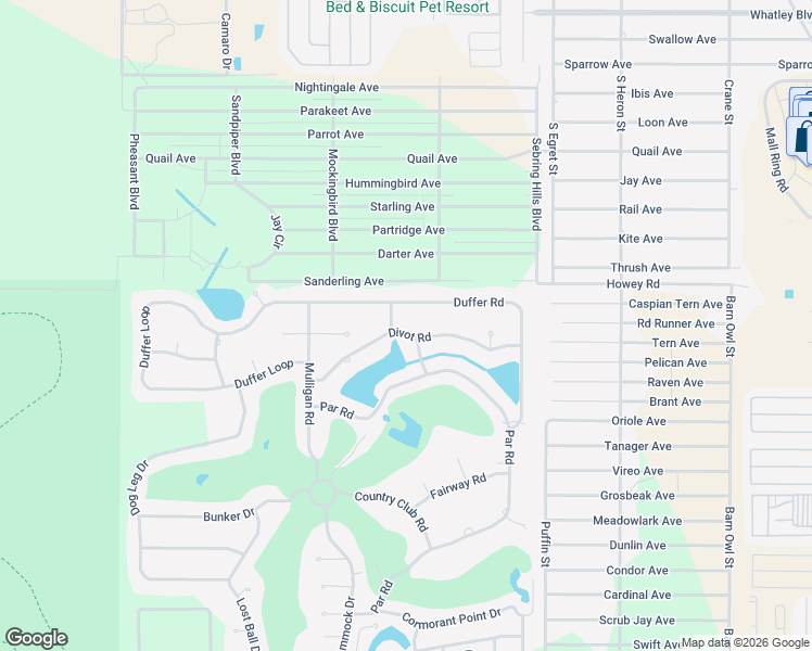 map of restaurants, bars, coffee shops, grocery stores, and more near Duffer Lane in Sebring