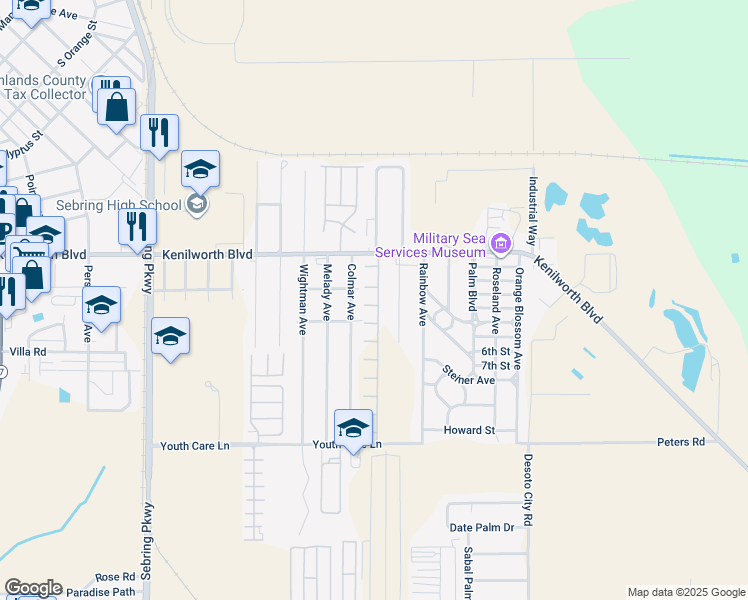 map of restaurants, bars, coffee shops, grocery stores, and more near 1500 Colmar Avenue in Sebring