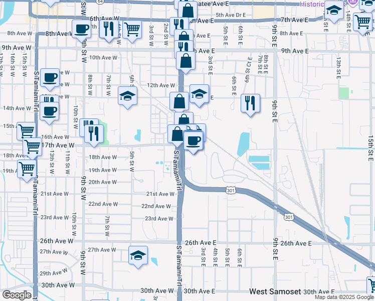 map of restaurants, bars, coffee shops, grocery stores, and more near 1637 1st Street in Bradenton