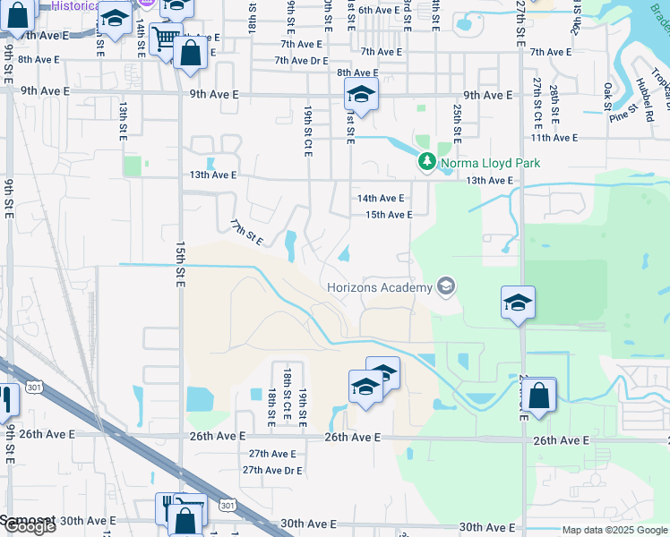 map of restaurants, bars, coffee shops, grocery stores, and more near 2105 16th Avenue East in Bradenton