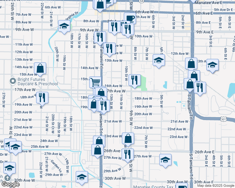 map of restaurants, bars, coffee shops, grocery stores, and more near 1204 17th Avenue West in Bradenton