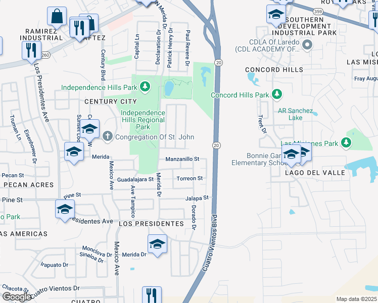map of restaurants, bars, coffee shops, grocery stores, and more near 4429 Lyman Hall Drive in Laredo