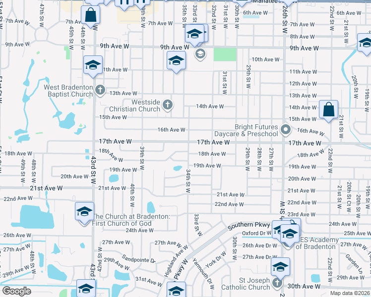 map of restaurants, bars, coffee shops, grocery stores, and more near 3401 17th Avenue West in Bradenton