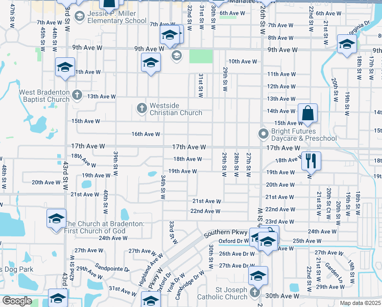 map of restaurants, bars, coffee shops, grocery stores, and more near 3103 17th Avenue West in Bradenton