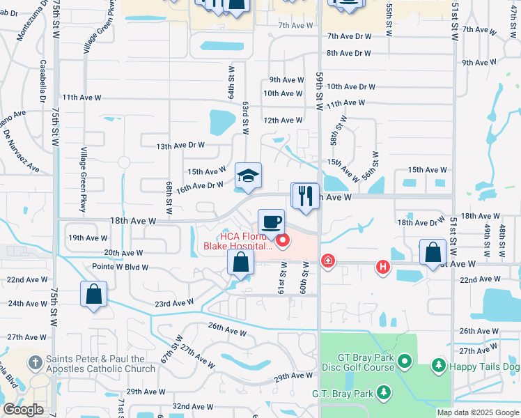 map of restaurants, bars, coffee shops, grocery stores, and more near 6053-6271 17th Avenue West in Bradenton