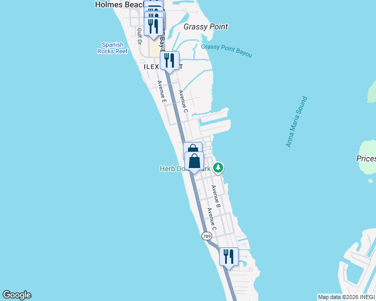 map of restaurants, bars, coffee shops, grocery stores, and more near 601 6th Street in Bradenton Beach