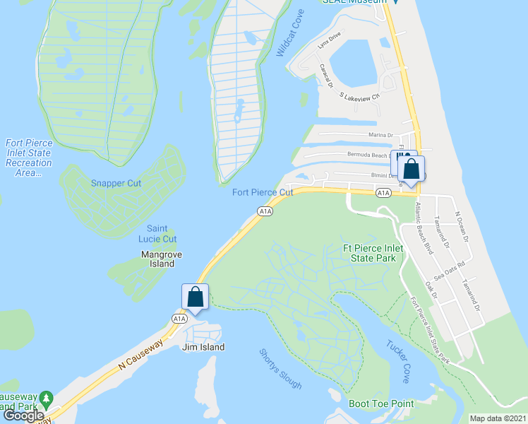 map of restaurants, bars, coffee shops, grocery stores, and more near Shorewinds Drive in Fort Pierce