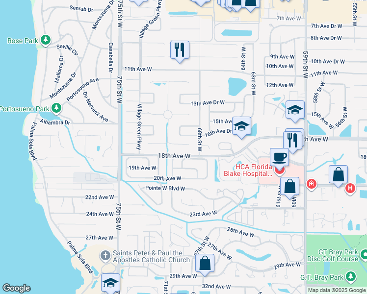 map of restaurants, bars, coffee shops, grocery stores, and more near 6907 Costa Bella Drive in Bradenton