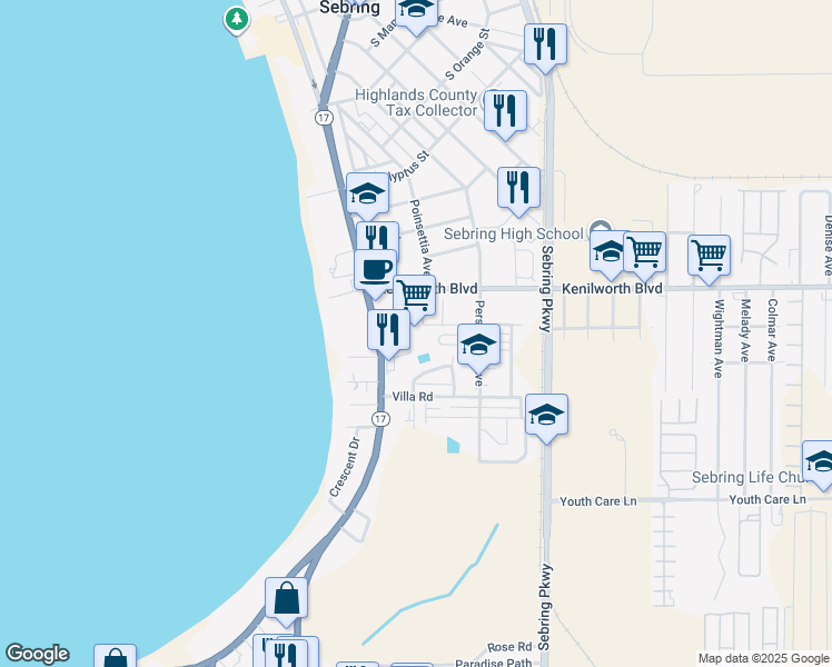 map of restaurants, bars, coffee shops, grocery stores, and more near 1399 Industrial Way East in Sebring