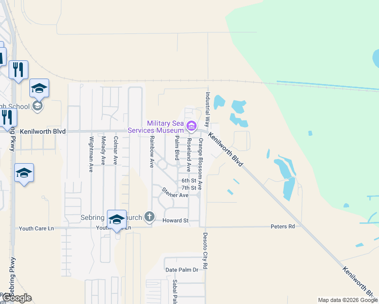 map of restaurants, bars, coffee shops, grocery stores, and more near 3rd Street in Sebring