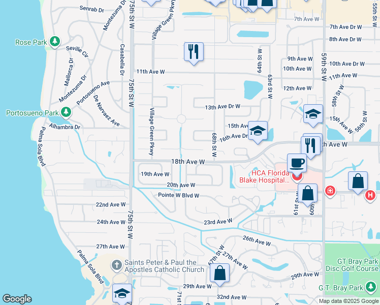 map of restaurants, bars, coffee shops, grocery stores, and more near 7005 Costa Bella Drive in Bradenton