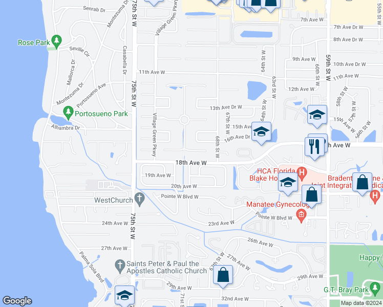 map of restaurants, bars, coffee shops, grocery stores, and more near 7007 Costa Bella Drive in Bradenton