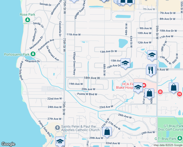 map of restaurants, bars, coffee shops, grocery stores, and more near 7009 Costa Bella Drive in Bradenton