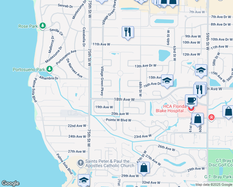 map of restaurants, bars, coffee shops, grocery stores, and more near 7105 Costa Bella Drive in Bradenton