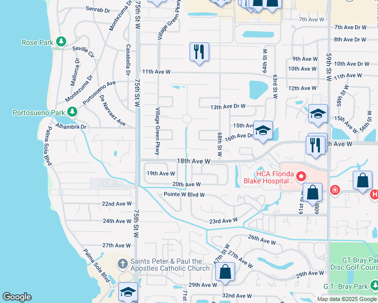 map of restaurants, bars, coffee shops, grocery stores, and more near 7015 Costa Bella Drive in Bradenton