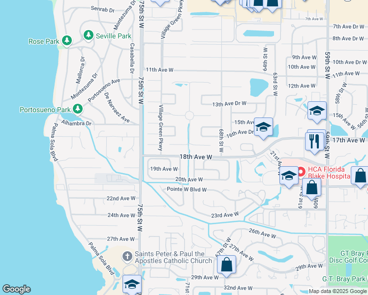 map of restaurants, bars, coffee shops, grocery stores, and more near 7105 Costa Bella Drive in Bradenton