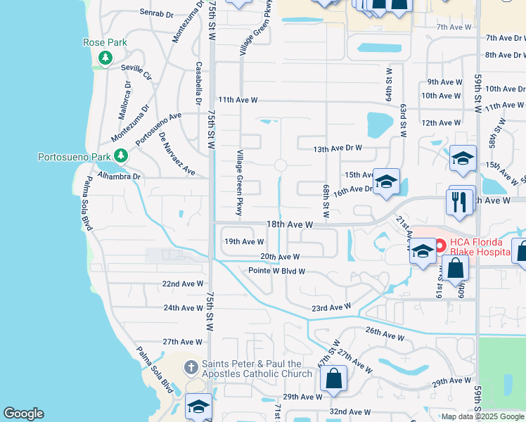 map of restaurants, bars, coffee shops, grocery stores, and more near 7115 Costa Bella Drive in Bradenton