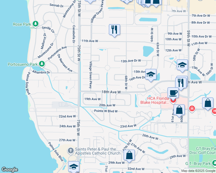map of restaurants, bars, coffee shops, grocery stores, and more near 7015 Costa Bella Drive in Bradenton