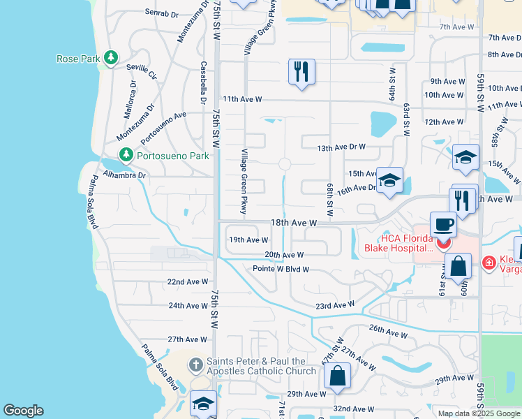 map of restaurants, bars, coffee shops, grocery stores, and more near 7207 Costa Bella Drive in Bradenton