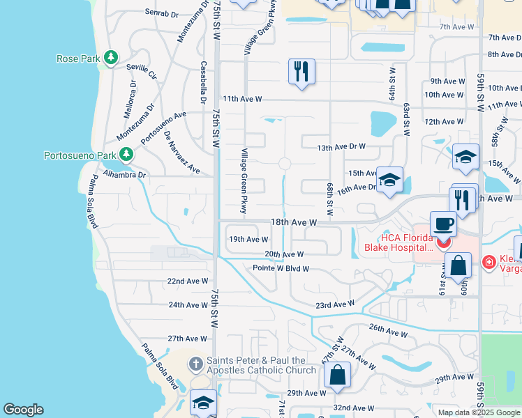map of restaurants, bars, coffee shops, grocery stores, and more near 7207 Costa Bella Drive in Bradenton
