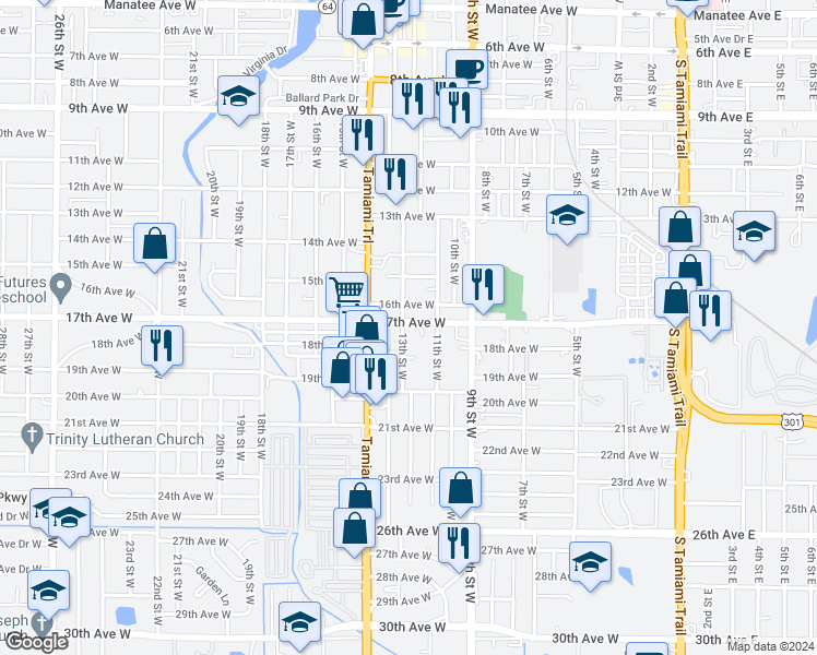 map of restaurants, bars, coffee shops, grocery stores, and more near 1204 17th Avenue West in Bradenton