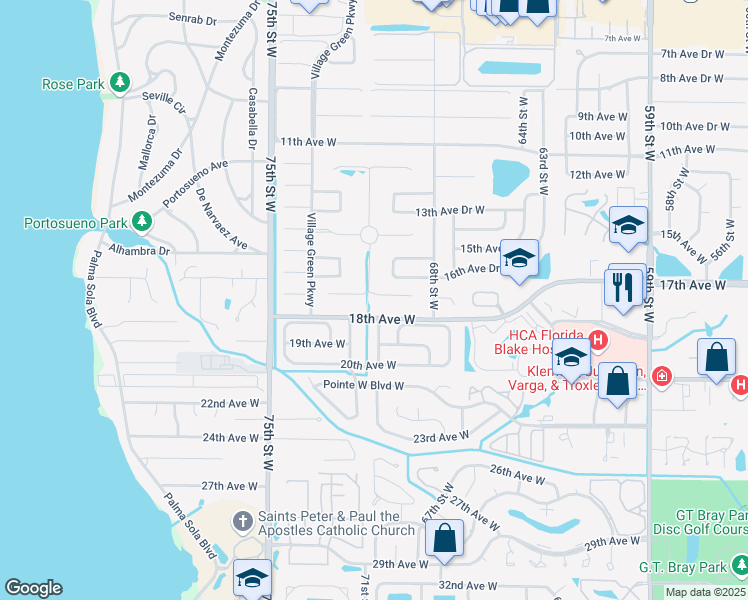 map of restaurants, bars, coffee shops, grocery stores, and more near 7009 Costa Bella Drive in Bradenton