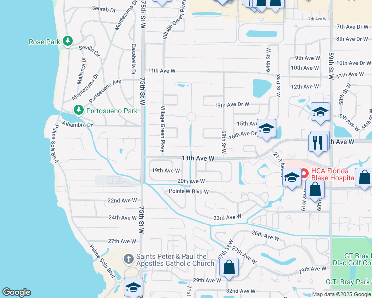 map of restaurants, bars, coffee shops, grocery stores, and more near 7115 Costa Bella Drive in Bradenton